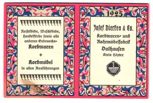 Kalender 1925, Josef Dierkes & Co. Korbwaren & Rohrmöbelfabrik Dalhausen Kreis Höxter