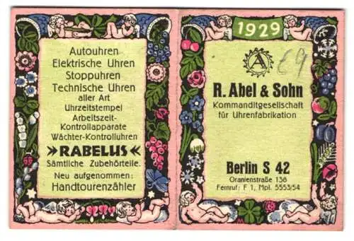 Kalender 1929, Berlin, Uhrenfabrikation R. Abel & Sohn, florale Verzierungen und Putten