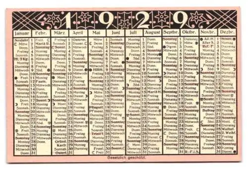 Kalender 1929, Berlin, Uhrenfabrikation R. Abel & Sohn, florale Verzierungen und Putten