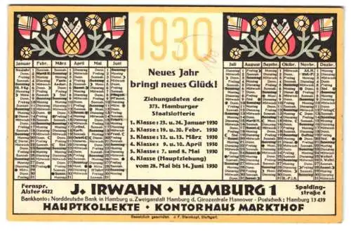 Kalender 1930, J. Irwahn, Hamburg, Blumenverzierung