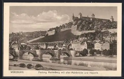 AK Würzburg, Festung Marienberg mit alter Mainbrücke und Käppele