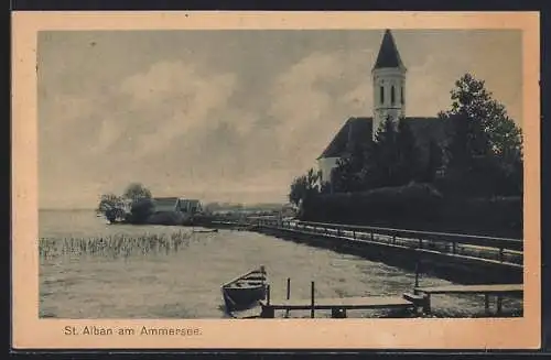 AK St. Alban / Ammersee, Uferpartie mit Kirche