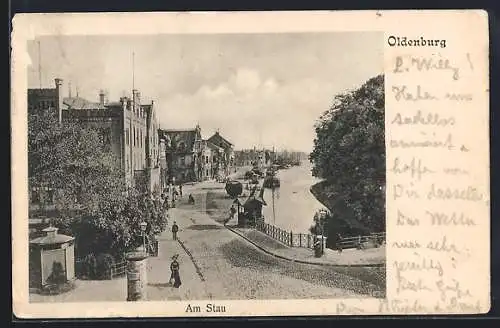 AK Oldenburg / O., Strassenpartie am Stau mit Littfasssäule