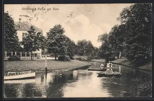 AK Oldenburg / O., Partie am Stau mit Brücke und Inselchen