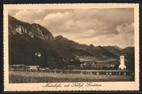 AK St. Johann in Tirol, Niederhofen, Ortspartie mit Schloss Friedstein