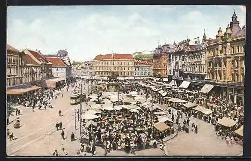 AK Zagreb, Jelacicev trg. Marktplatz mit Strassenbahn