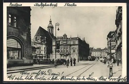 AK Troppau, Strasse Oberring mit Theater, Pfarrkirche und Strassenbahn