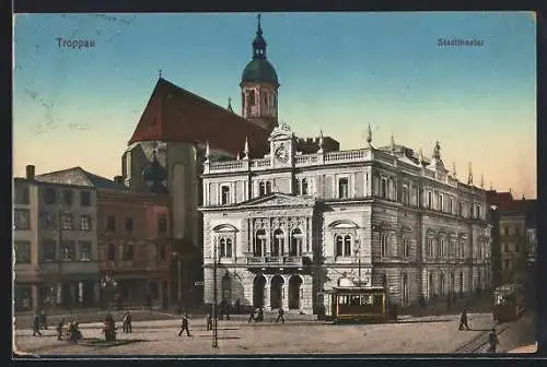 AK Troppau, Stadttheater und Strassenbahn