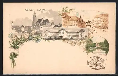 Lithographie Zagreb, versch. Ortsansichten