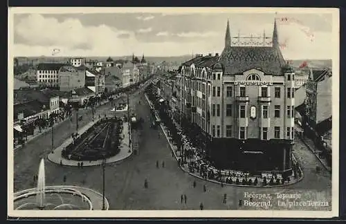 AK Beograd, La Place Terazia, Strassenpartie mit Strassenbahn