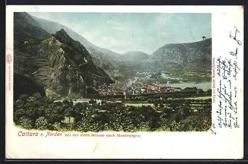 AK Kotor / Cattaro, Blick von Norden mit der alten Strasse nach Montenegro