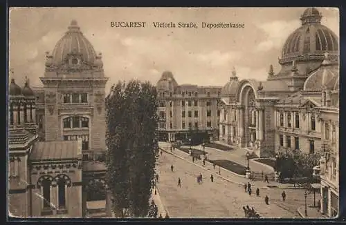 AK Bucarest, Victoria-Strasse mit Depositenkasse