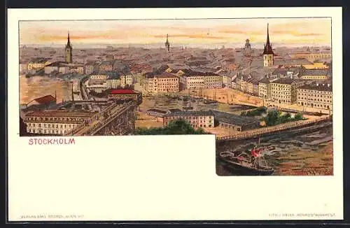 Lithographie Stockholm, Panoramablick auf die Stadt im Abendlicht