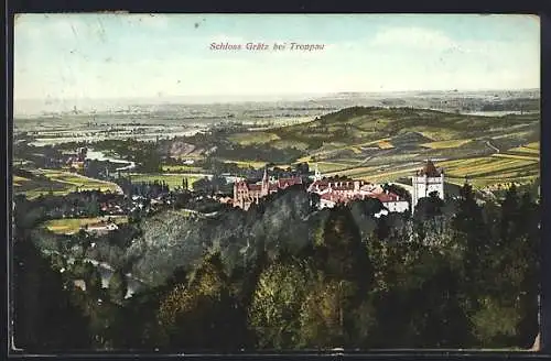 AK Grätz bei Troppau, Panorama mit Schloss