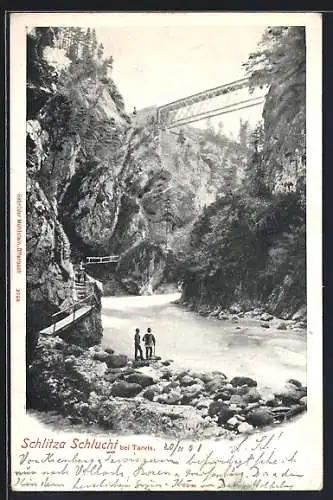 Lithographie Tarvis, Wanderer in der Schlitza Schlucht