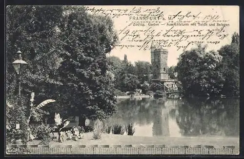 AK Frankfurt a. M., Zoolog. Garten, Aussichtsturm mit Teich