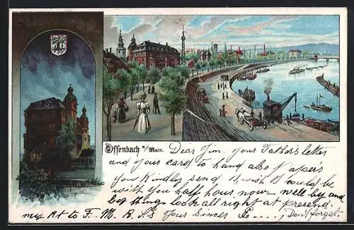 Lithographie Offenbach / Main, Ortspartie mit Uferpromnade und Wappen