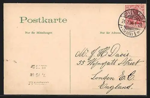Lithographie Offenbach / Main, Ortspartie mit Uferpromnade und Wappen