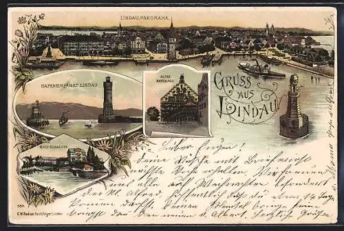 Lithographie Lindau / Bodensee, Hafeneinfahrt mit Dampfer, Blick zum Alten Rathaus, Panorama