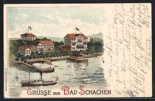 Lithographie Lindau / Bodensee, Hotel Bad Schachen, Dampfer vor dem Anleger