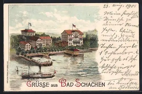 Lithographie Lindau / Bodensee, Hotel Bad Schachen, Dampfer vor dem Anleger