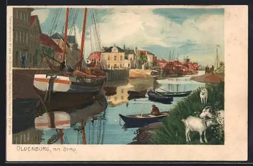 Lithographie Oldenburg / O., Uferpartie am Stau mit Segel- und Ruderboot