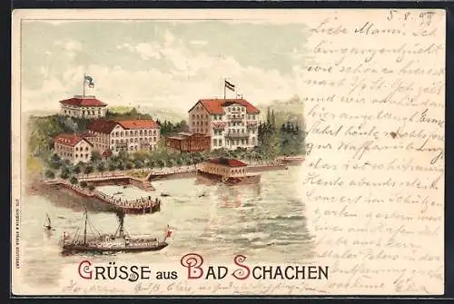 Lithographie Lindau / Bodensee, Hotel Bad Schachen, Dampfer vor dem Anleger