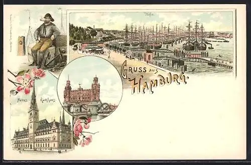 Lithographie Hamburg, Neue Elbbrücke, Neues Rathaus, Hafen