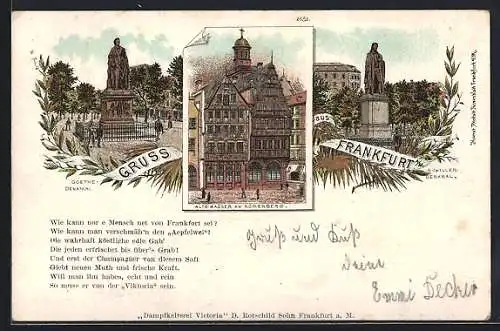 Lithographie Frankfurt a. M., Goethe-Denkmal, Alte Häuser am Römerberg und Schillerdenkmal
