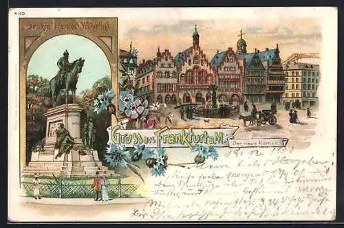 Lithographie Frankfurt a. M., Der Neue Römer und Denkmal Kaiser Wilhelm