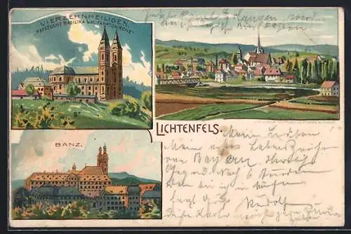 Lithographie Lichtenfels / Main, Banz, Vierzehnheiligen und Panorama