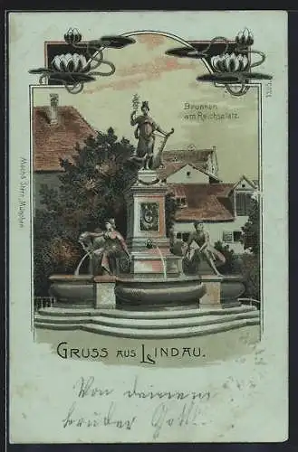 Lithographie Lindau / Bodensee, Brunnen am Reichsplatz