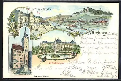 Lithographie Würzburg, Hotel zum Schwan und Kgl. Residenzschloss