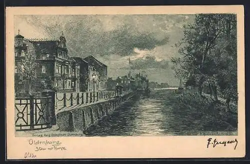 Lithographie Oldenburg / O., Stau mit Hunte am Abend