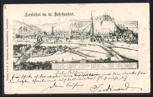 Lithographie Landshut / Isar, Teilansicht mit St. Martins-Stift, Franziskaner-Kloster, Dominikaner-Kloster