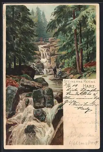 Lithographie Hasserode /Harz, Steinerne Renne mit Wasserfall