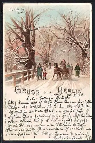 Winter-Lithographie Berlin-Tiergarten, Spaziergänger und Pferdeschlitten im verschneiten Tiergarten