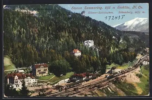 AK Semmering /N. Oe., Bahnhof mit Silberer-Schlösschen und Schneeberg