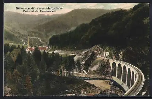 AK Tennetschlucht /Murgtalbahn, Ortspartie mit Viadukt aus der Vogelschau