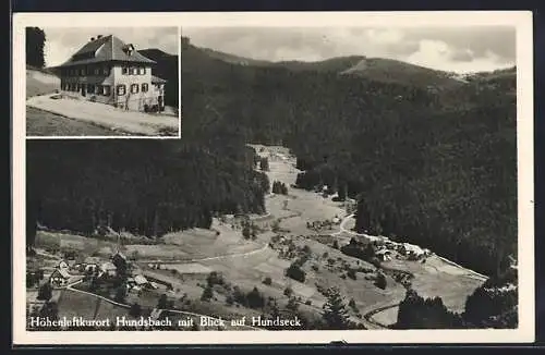 AK Hundsbach / Gaggenau, Pension z. schönen Aussicht, Ortsansicht mit Hundseck, Fliegeraufnahme