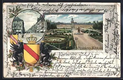Passepartout-Lithographie Karlsruhe, Residenz-Schloss, Kaiserstrasse, Wappen
