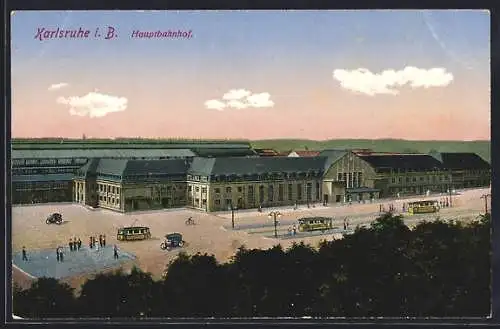 AK Karlsruhe, Der Hauptbahnhof, Strassenbahnen