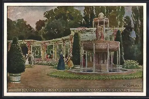 AK Karlsruhe, Stadtgarten, Rosengartenbrunnen
