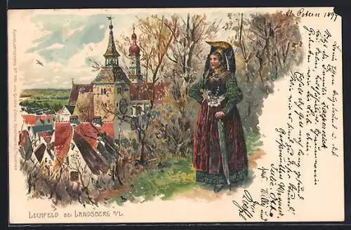Lithographie Lechfeld bei Landsberg, Frau mit Blick auf die Stadt