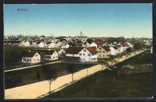 AK Buchloe, Strassenpartie mit Totalansicht über die Dächer