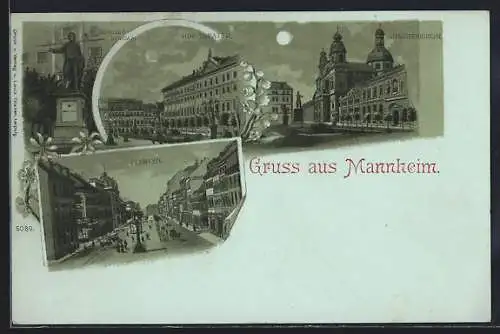 Mondschein-Lithographie Mannheim, Planken, Schiller-Denkmal, Jesuitenkirche