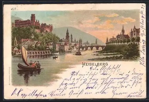 Lithographie Heidelberg / Neckar, Leute in Booten aus Wasser, Brücke, mit Spruch