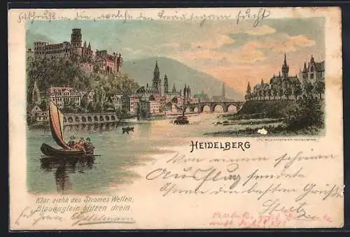 Lithographie Heidelberg / Neckar, Leute in Booten aus Wasser, Brücke, mit Spruch