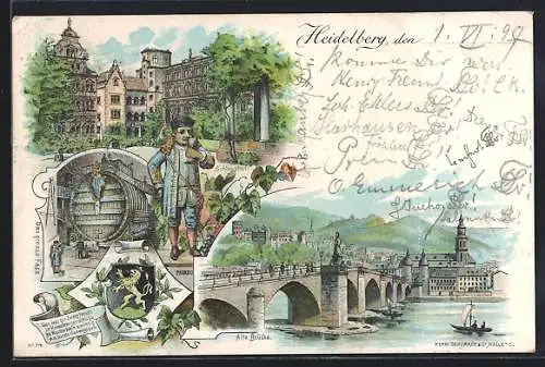 Lithographie Heidelberg, Schlosshof, Perkeo mit Fass, Wappen, Alte Brücke mit Ortsansicht