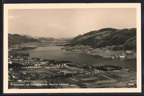 AK Bodensdorf am Ossiachersee, Ortsansicht mit See und Ossiach aus der Vogelschau